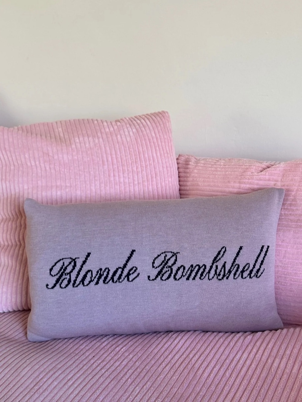 Blonde Bombshell Knit Lumbar Pillow - Light Pink Script